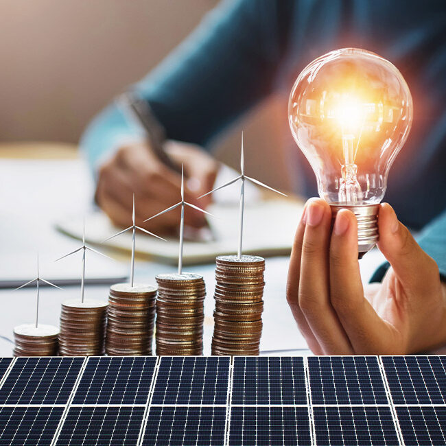 a person doing paperwork and holding a lightbulb behind a solar panel